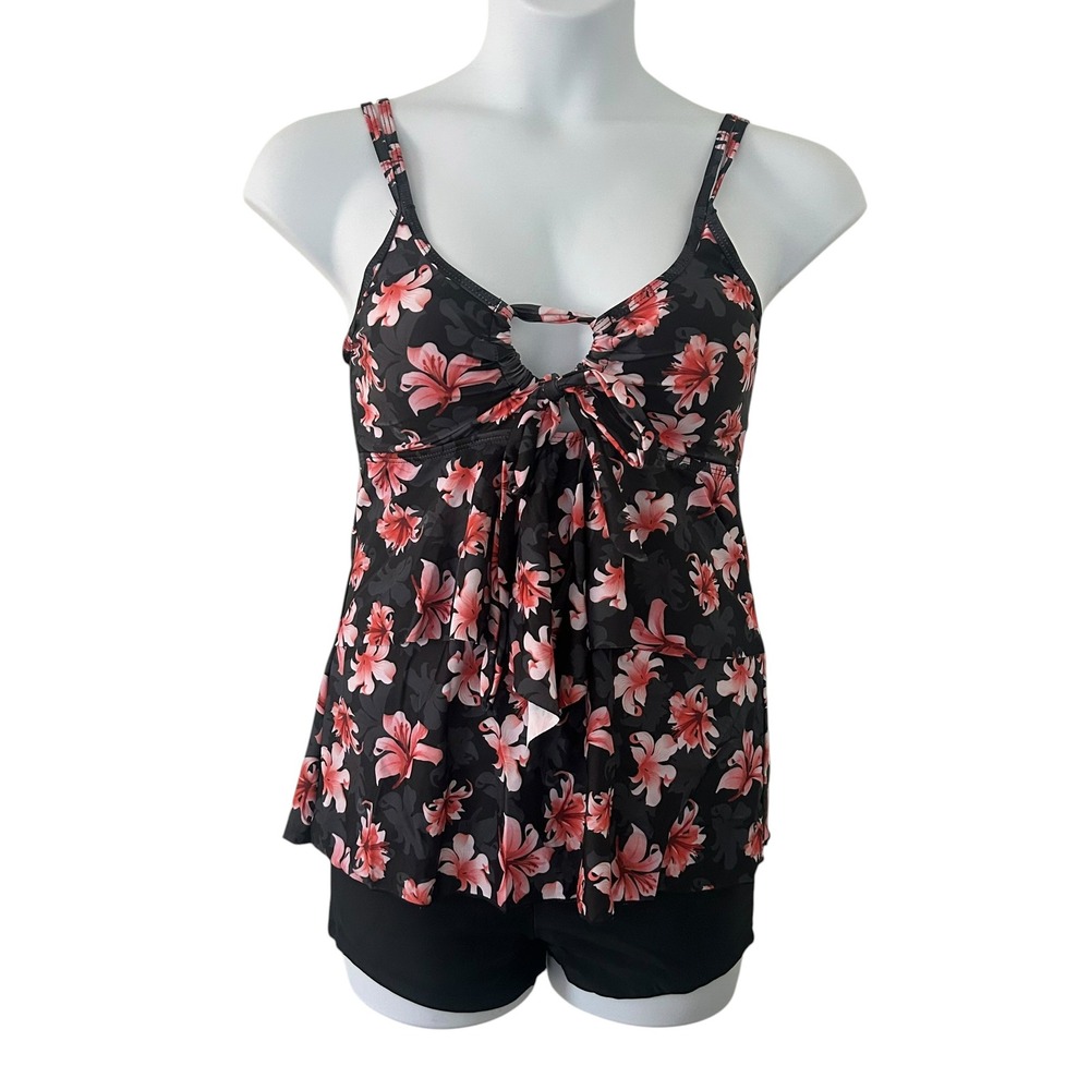 Women's Tankini Boy Shorts Black Floral Padded Two-Piece Swimsuit M Medium NWOT